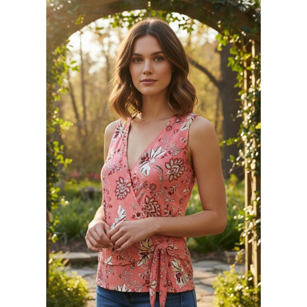 NEW Loft S Top Tank Pink Floral Knit Wrap Tie Front Cottage Boho Coquette Casual
